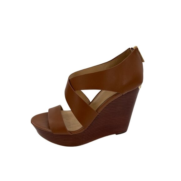 Michael Kors Brown Leather Wedges With Gold Zipper Accents Size 7 - Picture 2 of 9